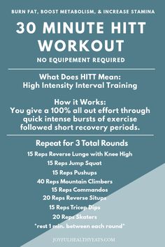 the 30 minute hiit workout is shown in blue and white, with instructions on how to