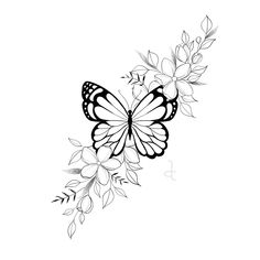 a black and white drawing of a butterfly with flowers on it's back side