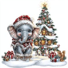 an elephant is standing in front of a christmas tree with presents on the snow covered ground