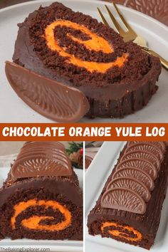 chocolate orange yule log cake on a white plate