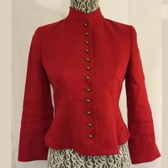 Ralph Lauren Classic Red Button Up Victorian Equestrian Riding Jacket 100% Linen. Woman's 4 Petite. Rare Victorian Design! Preowned Without Any Defects. Great Condition, Please See Pictures & Measurements. Measurements: Shoulder To Shoulder: 14" 1/2 Armpit To Armpit: 16" Sleeve Length: 15" Waist: 16" 1/2 Length: 19" 1/2 Comes From A Pet And Smoke Free Home. Fitted Stand Collar Blazer With Buttons, Fitted Blazer With Stand Collar And Covered Buttons, Fitted Blazer With Button Cuffs And Stand Collar, Winter Ralph Lauren Blazer, Ralph Lauren Winter Blazer For Tailoring, Classic Ralph Lauren Outerwear, Classic Ralph Lauren Outerwear With Buttons, Red Fitted Blazer With Stand Collar, Ralph Lauren Long Sleeve Blazer