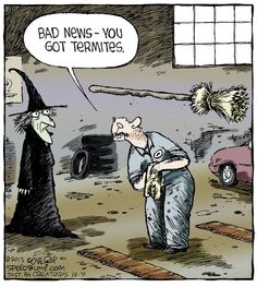 a cartoon strip with a man in a witches costume talking to another man who is holding a broom