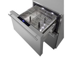 an open dishwasher sitting on top of a counter