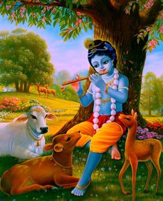 a painting of a person playing flute next to two cows and a tree with flowers in the background