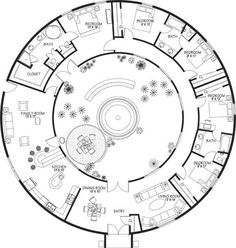 a circular house plan with lots of furniture