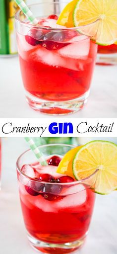 two glasses filled with cranberry gin cocktail and garnished with lemons