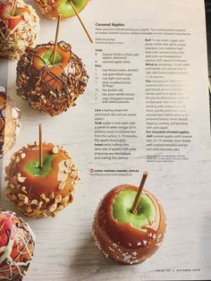 an article in a magazine about apples with chocolate and sprinkles on them