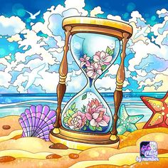 an hourglass with flowers and seashells on the beach