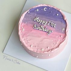 a pink and purple birthday cake with the words happy 21st birthday written on it's frosting