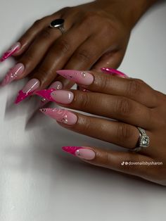 Hot Pink Simple Nails, Pink Oval Nails With Design, Long Almond Pink Nails, December Nail Ideas Almond, Nails Hot Pink Designs, Pink French Tip Stiletto Nails, Tapered Almond Nails, Hot Pink And Gold Nails Design, Short Stilleto Nails 2024