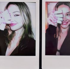 two polaroid photos of a woman holding something up to her face with both hands