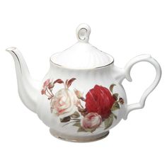 a white tea pot with roses painted on it