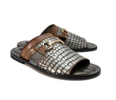 Style: 5827-Blue Unique slip-on Sandal from the Corrente collection in Crocodile Printed Calfskin features Perforated Calfskin Trim, Horsebit Hardware Detail, a Padded Footbed and a full Leather Sole!  Matching Belt Available. Men Leather Sandals Fashion, Mule Shoes Outfit, Comfortable Mens Dress Shoes, Man Slippers, Italian Leather Sandals, Cordovan Shoes, Gents Shoes, Leather Slippers For Men, Half Shoes