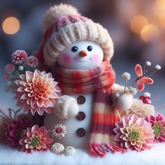 a snowman with flowers and a scarf