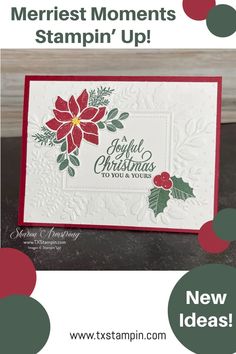 a christmas card with the words merry moments stampin'up in red and green