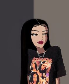 a woman with long black hair wearing a t - shirt that has the image of marilyn monroe on it