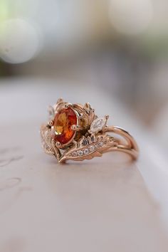 Orange Sapphire Engagement Ring Leaves Ring With Diamonds | Etsy Engagement Ring Leaves, Unique Engagement Rings Sapphire, Gold Leaf Ring, Eden Garden, Rose Gold Leaf, Gold Leaf Rings, Nature Inspired Engagement Ring, Vintage Style Rings, Orange Colour