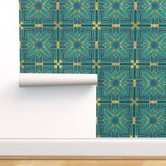 a wall with a blue and green pattern on it