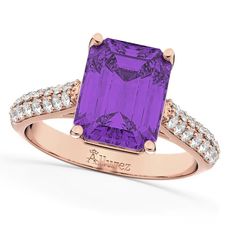 Emerald-cut Amethyst & Diamond Engagement Ring Rose Diamond Ring, Pink Gold Rings, Rings Rose Gold, Rings Pink, Blue Sapphire Diamond Ring, Rings Blue, Pink Engagement Ring, Rose Diamond, Garnet And Diamond Ring