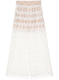 white broderie anglaise elasticated waistband high-rise wide leg two side inset pockets Bohemian Wedding Guest, Wedding Guest Looks, Versace Outfit, City Dress, Pants White, Demi Fine Jewelry, Summer Beach Wear, Ballet Flat Shoes, Elie Saab