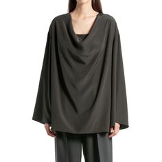 The Row Banat Top In Army Green Size: Small S Oversized Top Draped Neckline Dropped Shoulders Flared Long Sleeves Made In Italy 100% Silk Elegant Oversized Batwing Sleeve Top, Elegant Oversized Top With Batwing Sleeves, Silk Top With Draped Sleeves For Work, Silk Tops With Draped Sleeves For Work, Elegant Oversized Tops With Batwing Sleeve, Elegant Batwing Sleeve Top For Workwear, Elegant Batwing Sleeve Top For Work, Elegant Oversized Formal Tops, Silk Long Sleeve Tops With Draped Sleeves