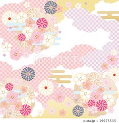 an abstract floral design with pink and blue flowers on checkered paper, in the style of japanese art