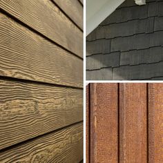 three different types of wood shingles on the side of a house