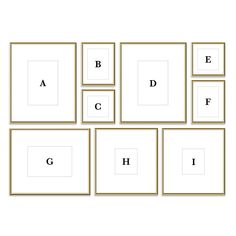 six square frames with the letters e, b, c, and h in them