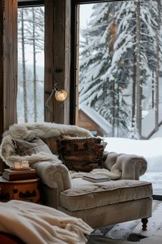 a living room filled with furniture and a large window covered in snow next to a forest