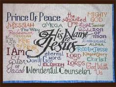 a cross - stitch sample with the names of jesus and other words in different colors