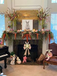 a fireplace decorated with fake carrots and bunny bunnies for the mantelpiece