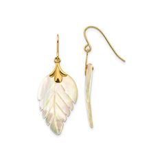 14k Yellow Gold and Mother of Pearl Leaf Dangle Drop Earrings fine designer jewelry for men and women Leaf Design Earrings, Design Earrings, Fancy Jewelry, Pearl Drop, Leaf Design, Floral Motif, Mother Of Pearl, Beautiful Jewelry, Natural Gemstones