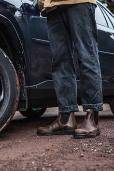 Mens Doc Martens Chelsea Boots Outfits, Men’s Outfits With Brown Boots, Brown Work Boots Outfit Men, Chelsea Boots Men Outfit Winter, Men's Chelsea Boots Outfit, Men’s Boot Outfit, Mens Blundstone Boots Outfit, Men’s Blundstones Outfit