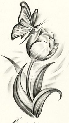 a black and white drawing of a flower with a butterfly on it's wing