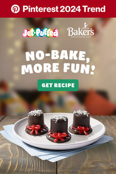 three cakes on a plate with red bows and the words, no bake more fun get recipe