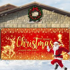 a man dressed as santa claus running in front of a christmas sign