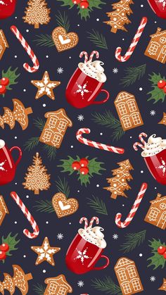 seamless christmas pattern with hot chocolate, candy canes and cookies on dark blue background