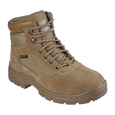 You'll love these ultra-comfortable and supportive Skechers men's Wascana Millit WP tactical work boots. Crafted from a mix of faux suede and mesh-knit, these waterproof lace-up shoes are designed to protect your feet during the workday as they are Electrical Hazard safety tested, have a slip-resistant rubber traction, and a cushioned memory foam insole. Wear them with pants and a shirt. Features: Memory Foam, Waterproof, Electrical SafetyClosure Type: Lace-UpFootwear Technology: Memory Foam InsoleShoe Heel Height: 1 1/4 InchesUpper/Outer Base Material: 60% Leather, 30% Textile, 10% NylonShoe Lining Material: TextileSole Material Content: 100% SyntheticToe Type: Closed Toe, Plain ToeCare: Spot CleanHeel Style: Flat HeelCountry of Origin: Imported