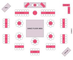 the floor plan for an event with tables, chairs and other seating areas in pink