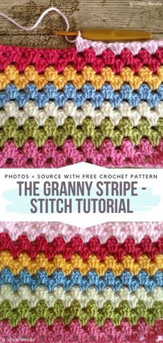 the granny stripe crochet stitch pattern is shown on top of a wooden table