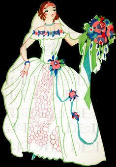 a drawing of a woman in a wedding dress with flowers on her head and holding a bouquet