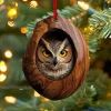 an owl ornament hanging from a christmas tree