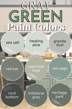 gray green paint colors in the kitchen and dining room with text overlay that says gray green paint colors