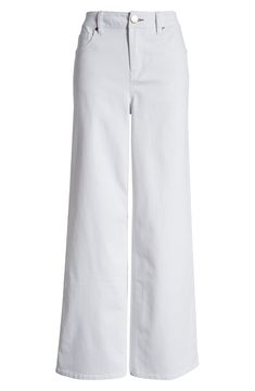 Goldtone hardware enriches bright-white jeans cut from stretch-kissed denim and completed by kicky wide legs. Zip fly with button closure Five-pocket style 65% cotton, 32% REPREVE® recycled polyester, 3% spandex REPREVE recycled polyester is made from 100% post-consumer recycled plastic bottles Machine wash, tumble dry Imported White Cotton Jeans Standard Cut, White Wide-leg Denim Jeans, White High-rise Wide Leg Denim Pants, Luxury White Wide-leg Jeans, White Non-stretch Denim Pants, White Denim Jeans, Wide Legs, Slim Waist, High Waisted Denim