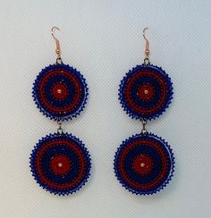 Native Beaded 2-Tier Earrings, size 13 Czech Charlotte seed beads with copper hardware. Handmade by Jennifer Reeder, a member of the Caddo Nation of Oklahoma. Free shipping within the US. Traditional Blue Jewelry With Bead Caps, Traditional Blue Beaded Earrings With Tiny Beads, Traditional Blue Beaded Earrings, Red Southwestern Style Earrings With Round Beads, Traditional Red Beaded Earrings, Unique Blue Beaded Earrings With Round Beads, Artisan Blue Round Beaded Earrings, Southwestern Round Beaded Earrings, Southwestern Style Red Round Bead Earrings