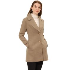 This elegant coat with pockets is a stylish yet practical addition to your winter wardrobe. This silhouette for a flattering finish, creates the perfect finishing touch for everyday outfits. The long solid color coat has an understated silhouette and a notched lapel, making for a timeless piece of outerwear. Layered over everything from smart-casual workwear to weekends, this coat will become a winter favorite. Paired well with a fitted blouse and wide-leg pants for an office-to-dinner look. The Wool Coat For Work, Classic Solid Color Outerwear For Office, Fall Office Pea Coat In Solid Color, Elegant Collared Winter Outerwear, Casual Wool Coat For Workwear, Solid Color, Classic Fall Pea Coat In Solid Color, Classic Solid Color Pea Coat For Work, Solid Outerwear With Hidden Button Closure For Office, Classic Solid Color Pea Coat For Fall