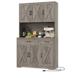 a kitchen cabinet with two doors and drawers