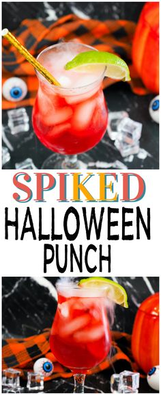 two glasses filled with halloween punch and the words spied halloween punch on top of them