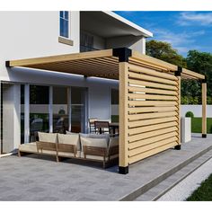 an outdoor living area with patio furniture and wooden slatted screens on the outside wall