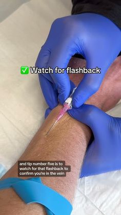 a person in blue gloves is holding a needle to someone's arm with the words watch for flashback on it